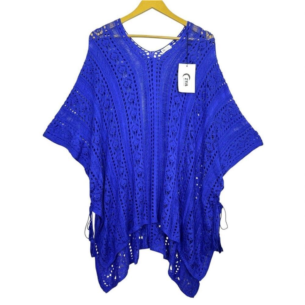 ZYIA Active Crochet Open Knit Knitted Cover Up Poncho Size XL Blue Beach Boho